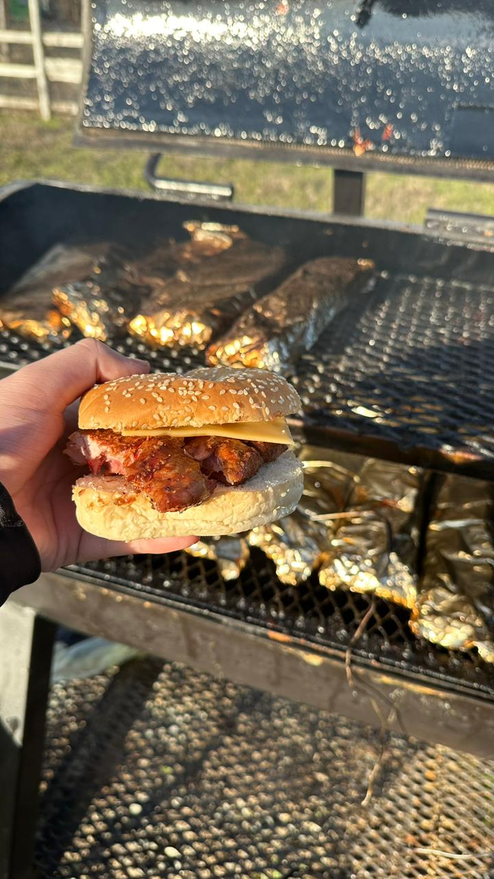 Sandwich de carne ahumada con queso en mano, atardecer